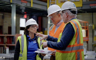 Three team members in construction safety gear stand talking inside the large warehouse where materials testing is taking place.